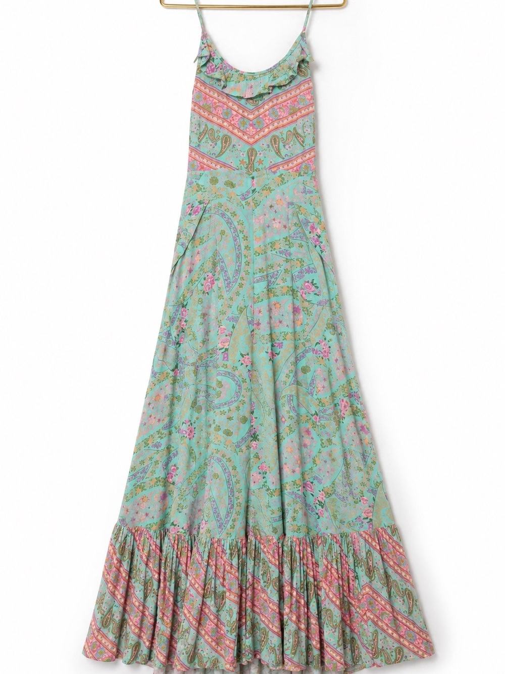 Spell & The Gypsy Mint Paisley Maxi Skirt with Pink Floral Accents